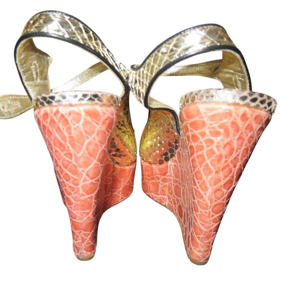 Prada Italian Snakeskin & Croc Embossed Leather Wedges Pink & Gold 37.5 US 7.5 - Picture 3 of 11